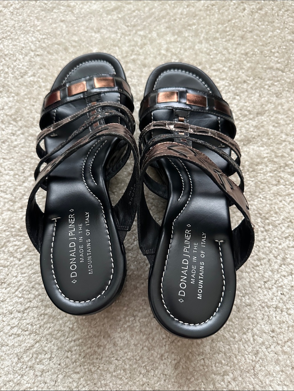 Donald J. Pliner Black and Brown Multi-Strap Wedge Slides - Picture 9 of 9
